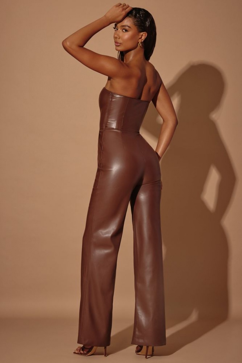 Brown Oh Polly Selah Strapless Wide Leg Vegan Leather Jumpsuit | GIBT-14025