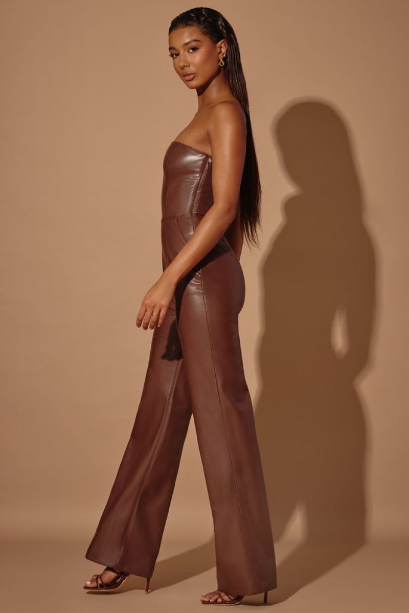 Brown Oh Polly Selah Strapless Wide Leg Vegan Leather Jumpsuit | GIBT-14025