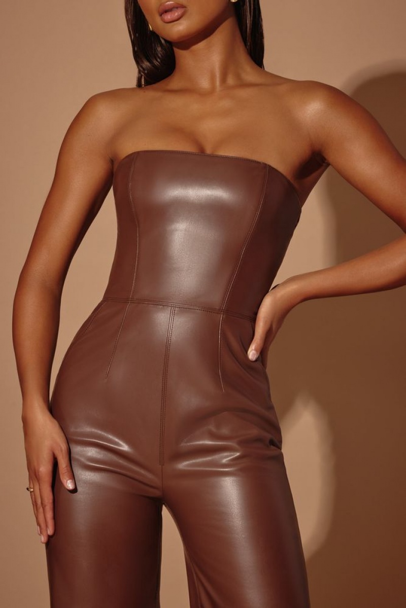 Brown Oh Polly Selah Strapless Wide Leg Vegan Leather Jumpsuit | GIBT-14025