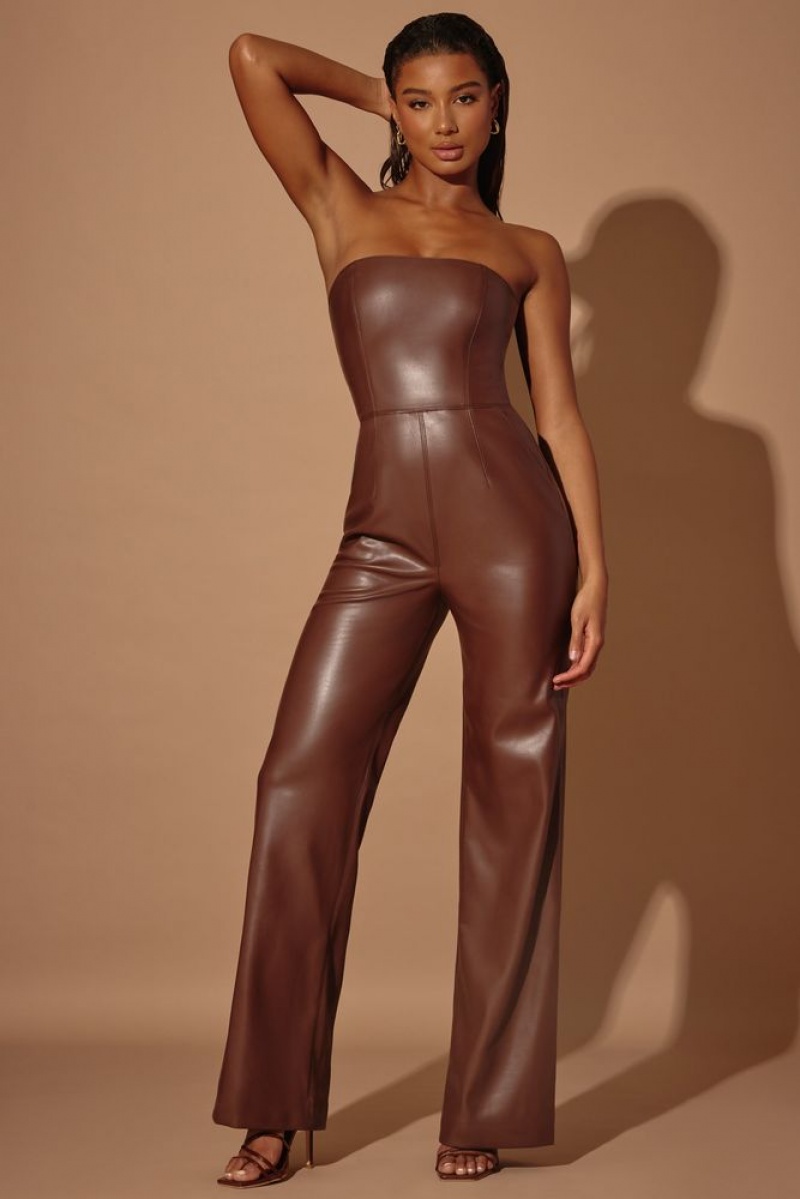 Brown Oh Polly Selah Strapless Wide Leg Vegan Leather Jumpsuit | GIBT-14025