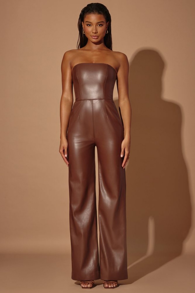 Brown Oh Polly Selah Strapless Wide Leg Vegan Leather Jumpsuit | GIBT-14025