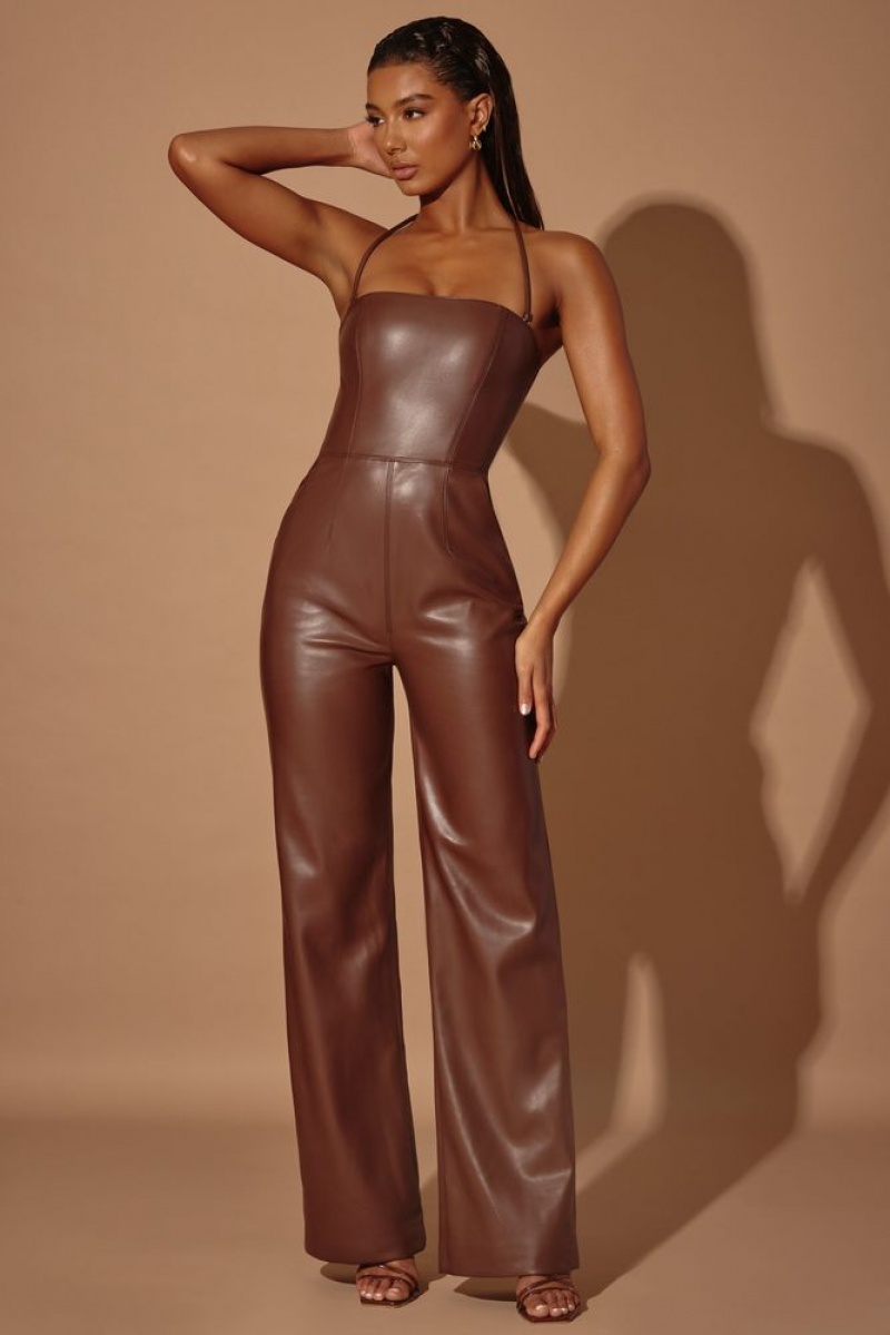 Brown Oh Polly Selah Strapless Wide Leg Vegan Leather Jumpsuit | GIBT-14025