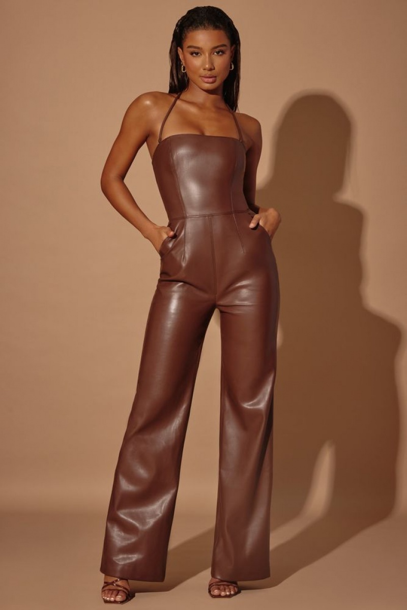 Brown Oh Polly Selah Strapless Wide Leg Vegan Leather Jumpsuit | GIBT-14025