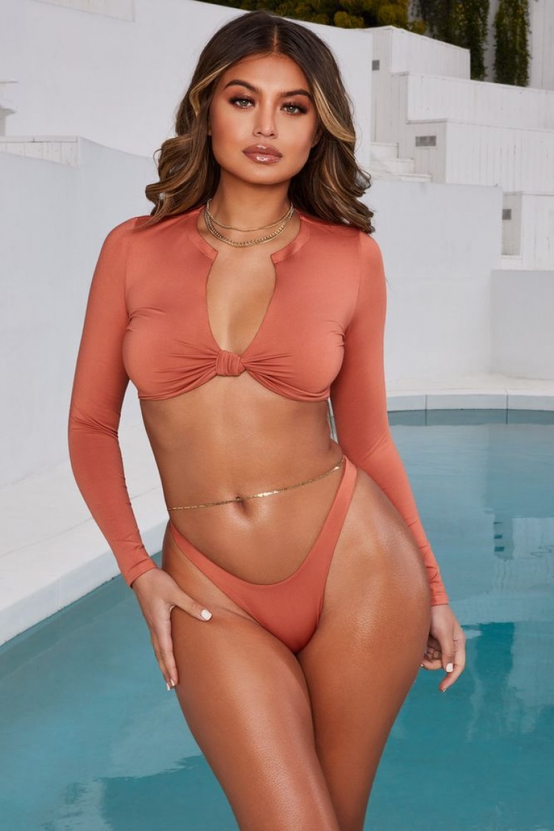 Burnt Orange Oh Polly All Summer Long Knot Front Long Sleeved Bikini Crop Top | KSTB-40263