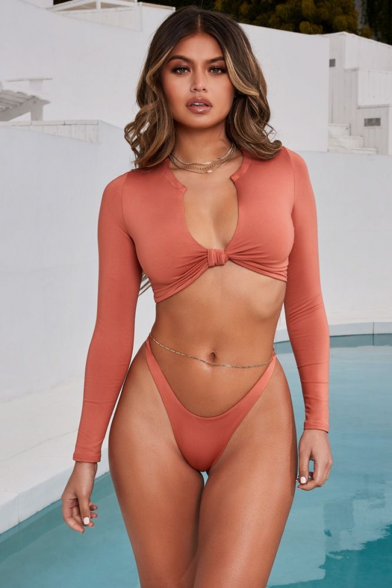 Burnt Orange Oh Polly All Summer Long Knot Front Long Sleeved Bikini Crop Top | KSTB-40263