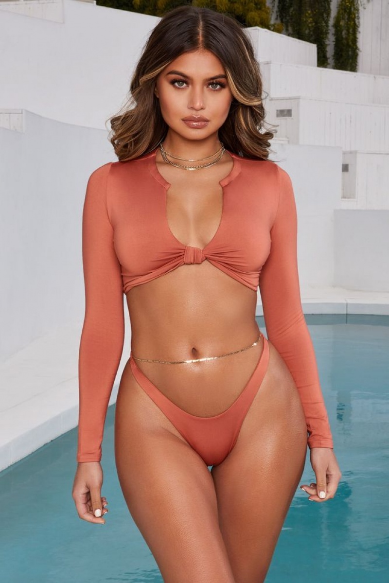 Burnt Orange Oh Polly All Summer Long Knot Front Long Sleeved Bikini Crop Top | KSTB-40263