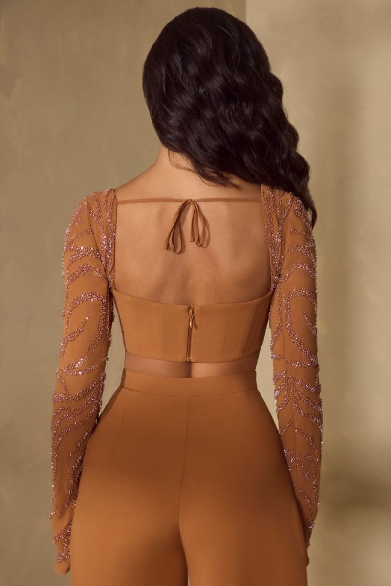 Caramel Oh Polly Astra Embellished Sleeve Corset Crop Top | QBMZ-84193