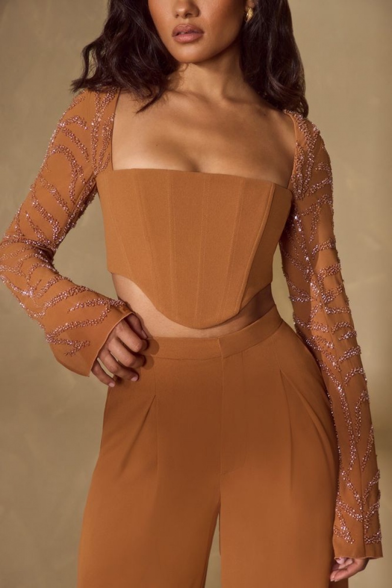 Caramel Oh Polly Astra Embellished Sleeve Corset Crop Top | QBMZ-84193