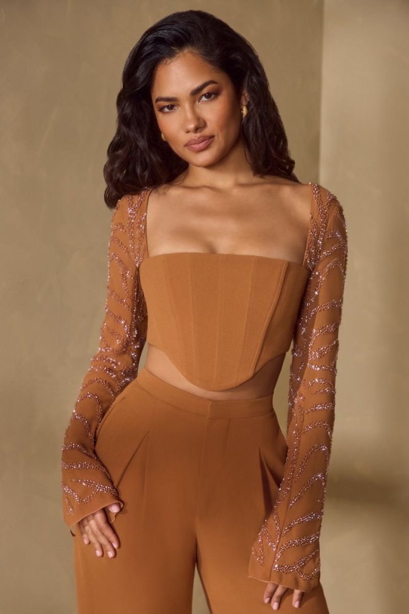 Caramel Oh Polly Astra Embellished Sleeve Corset Crop Top | QBMZ-84193