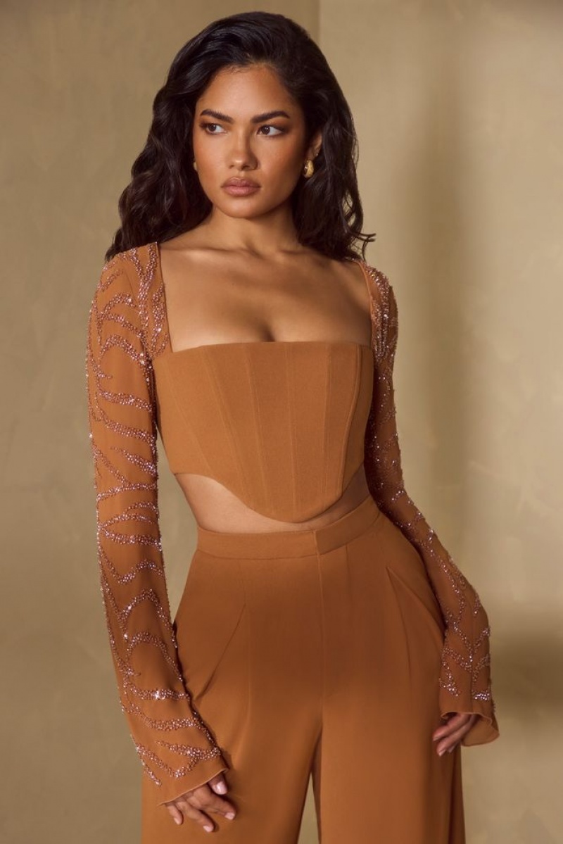 Caramel Oh Polly Astra Embellished Sleeve Corset Crop Top | QBMZ-84193