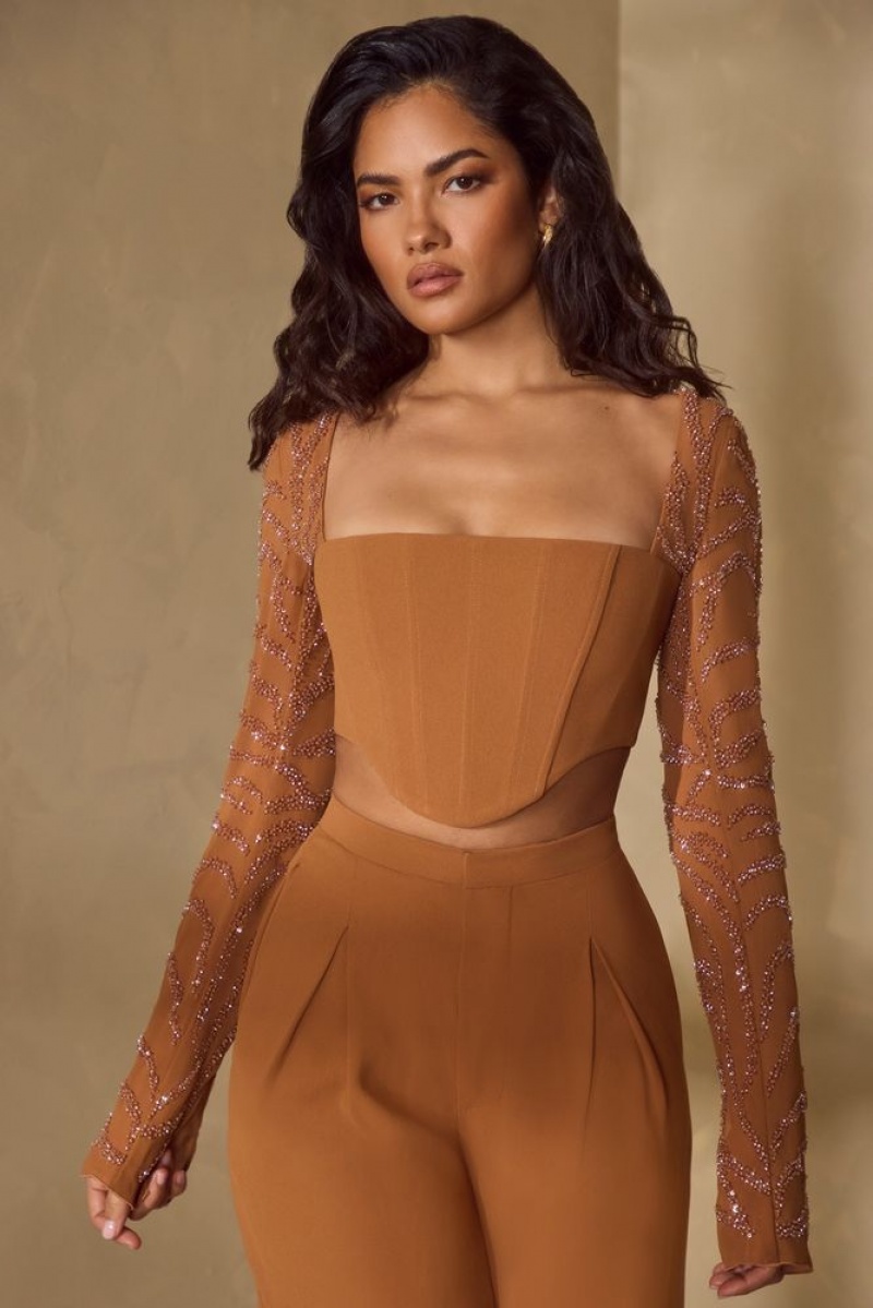 Caramel Oh Polly Astra Embellished Sleeve Corset Crop Top | QBMZ-84193