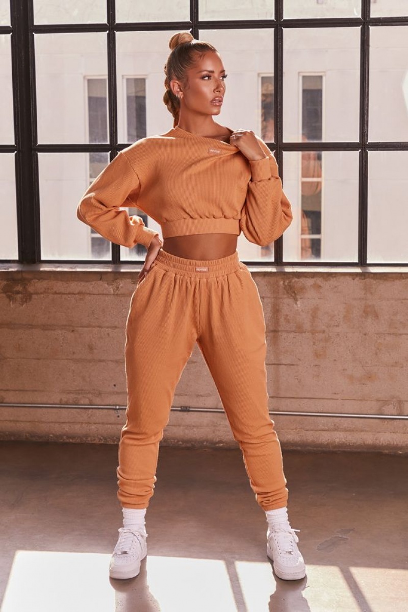 Caramel Oh Polly At Ease Ribbed Cropped Oversized Sweatshirt | NJZT-54082