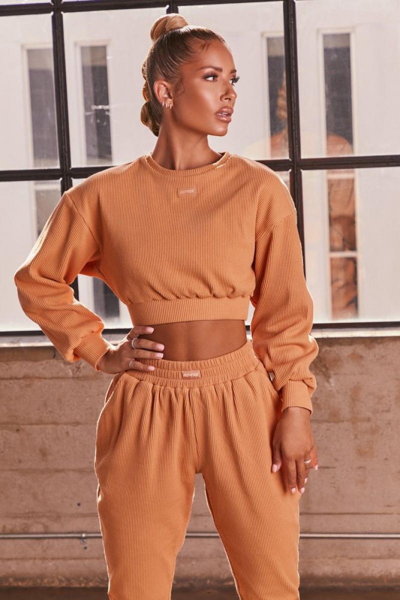 Caramel Oh Polly At Ease Ribbed Cropped Oversized Sweatshirt | NJZT-54082