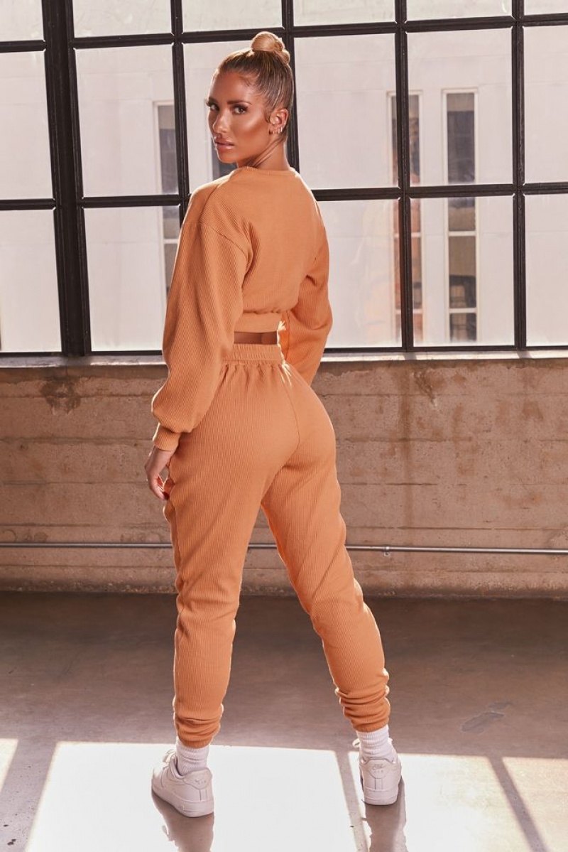 Caramel Oh Polly At Ease Ribbed Cropped Oversized Sweatshirt | NJZT-54082