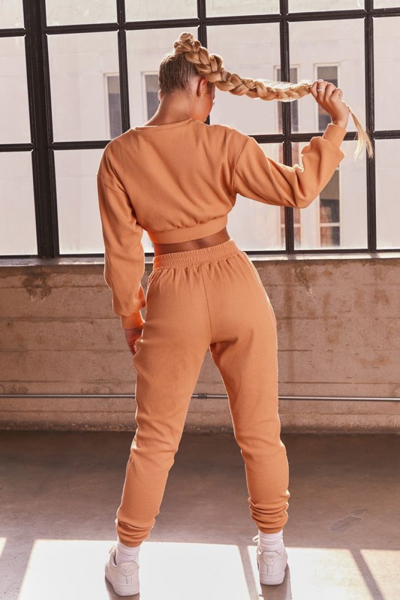 Caramel Oh Polly At Ease Ribbed Cropped Oversized Sweatshirt | NJZT-54082