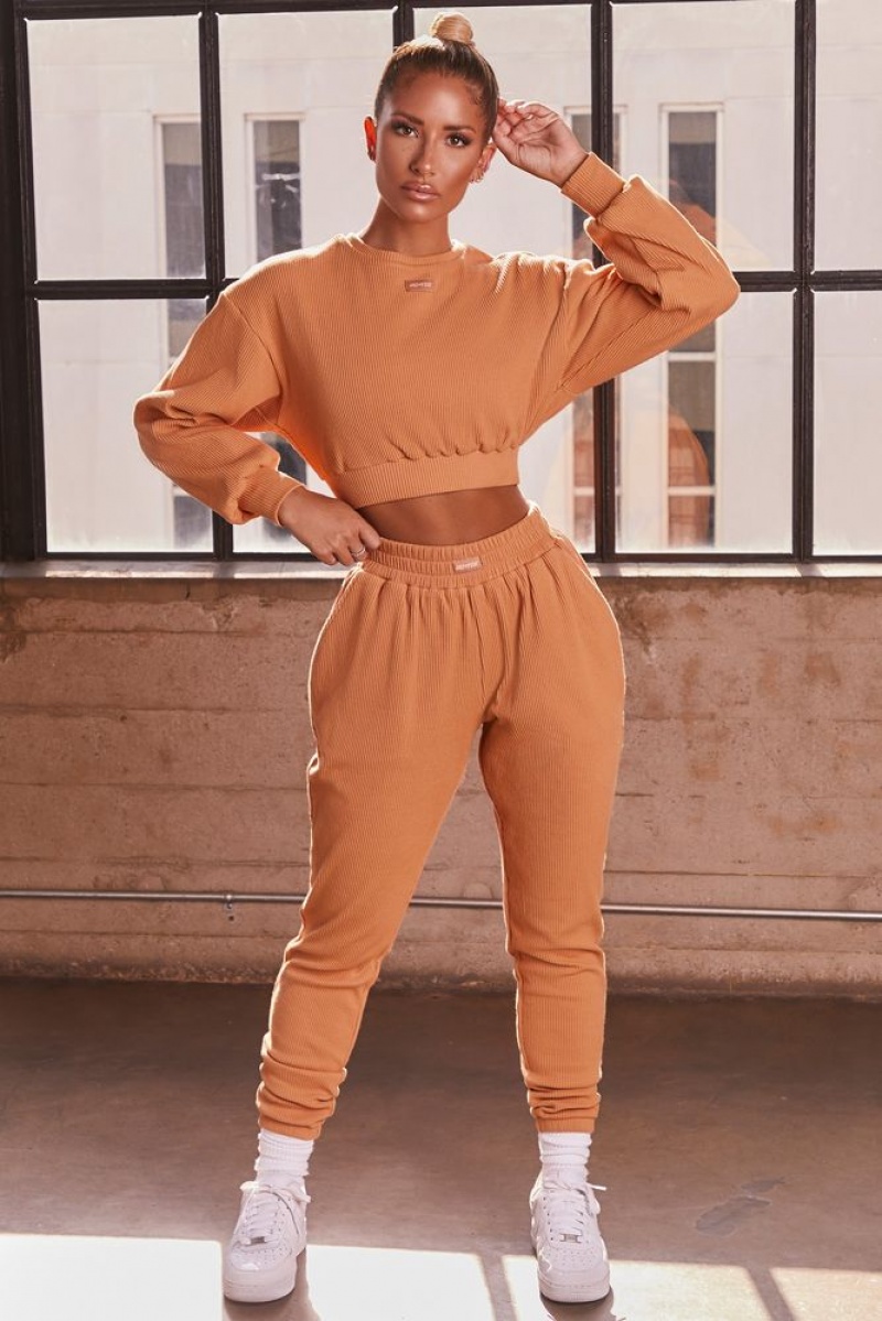 Caramel Oh Polly At Ease Ribbed Cropped Oversized Sweatshirt | NJZT-54082