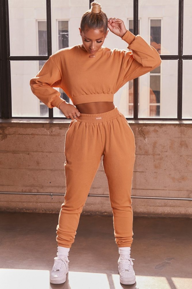 Caramel Oh Polly At Ease Ribbed Cropped Oversized Sweatshirt | NJZT-54082