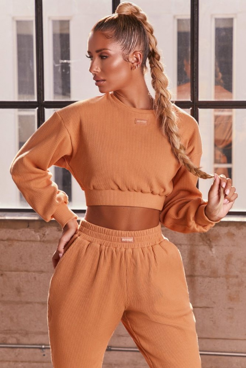 Caramel Oh Polly At Ease Ribbed Cropped Oversized Sweatshirt | NJZT-54082