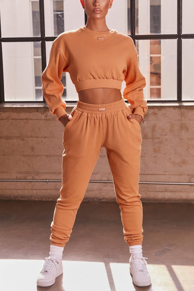 Caramel Oh Polly At Ease Ribbed Cropped Oversized Sweatshirt | NJZT-54082