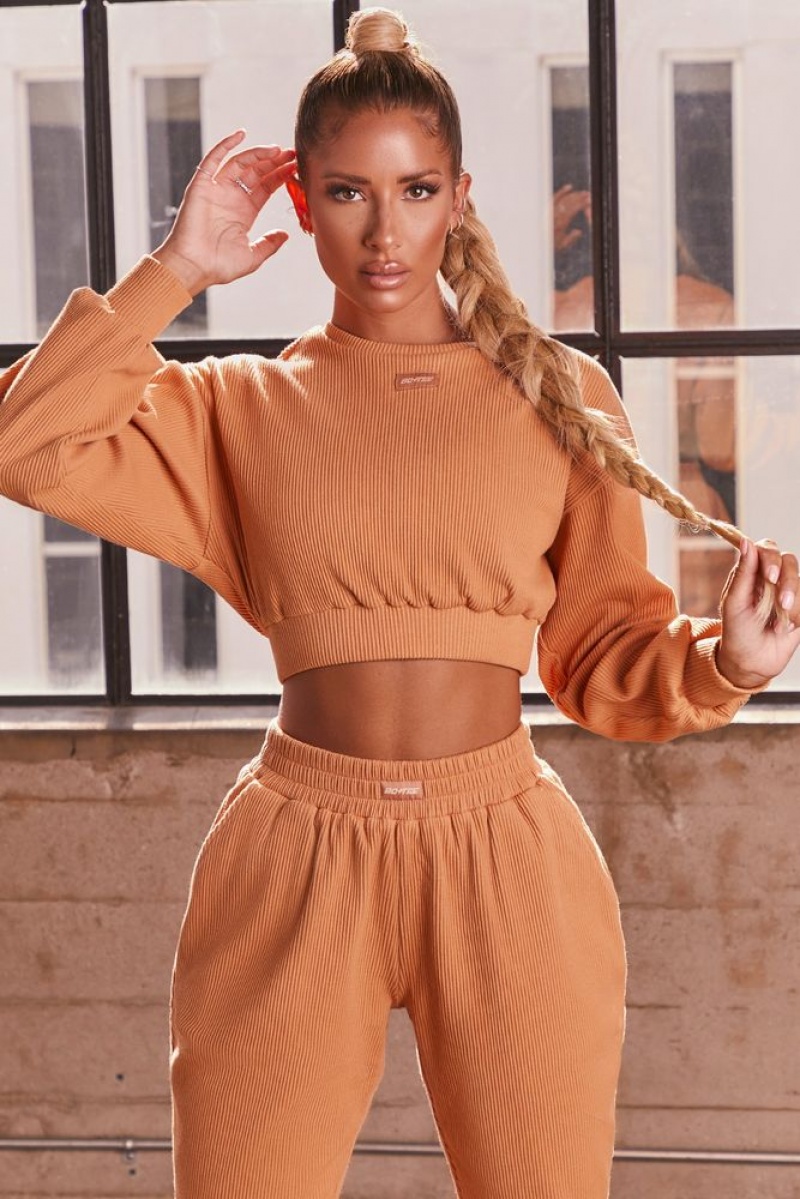 Caramel Oh Polly At Ease Ribbed Cropped Oversized Sweatshirt | NJZT-54082