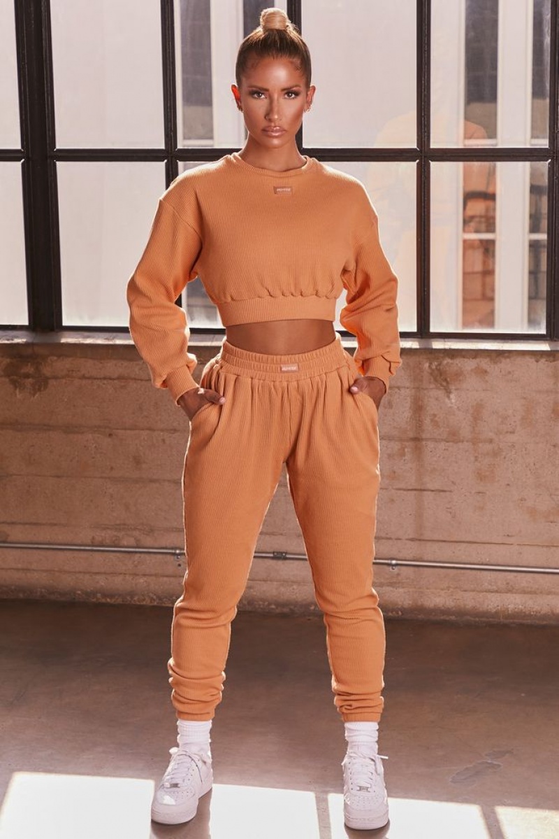 Caramel Oh Polly At Ease Ribbed Cropped Oversized Sweatshirt | NJZT-54082