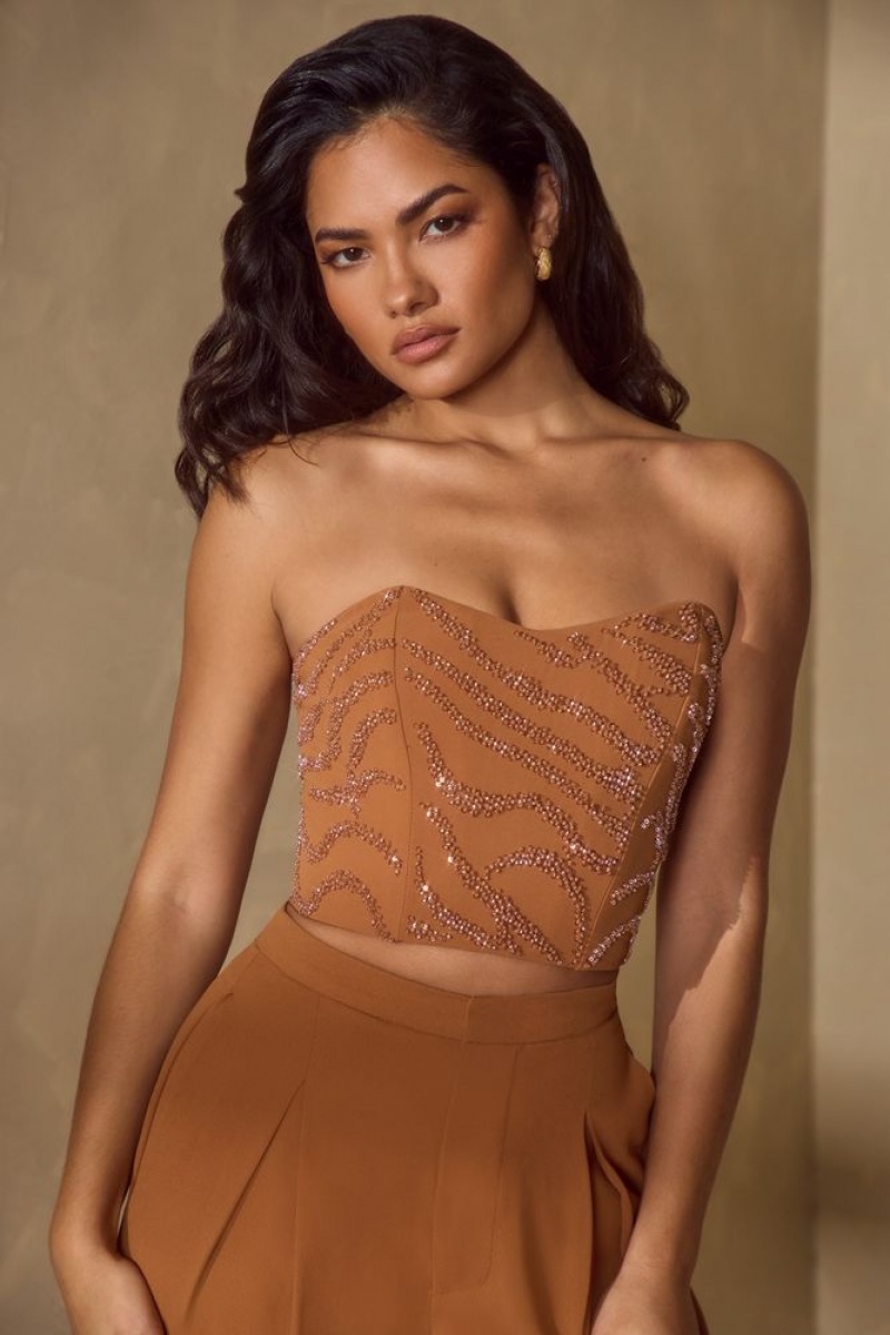 Caramel Oh Polly Mina Embellished Bandeau Corset Top | PJUO-73504