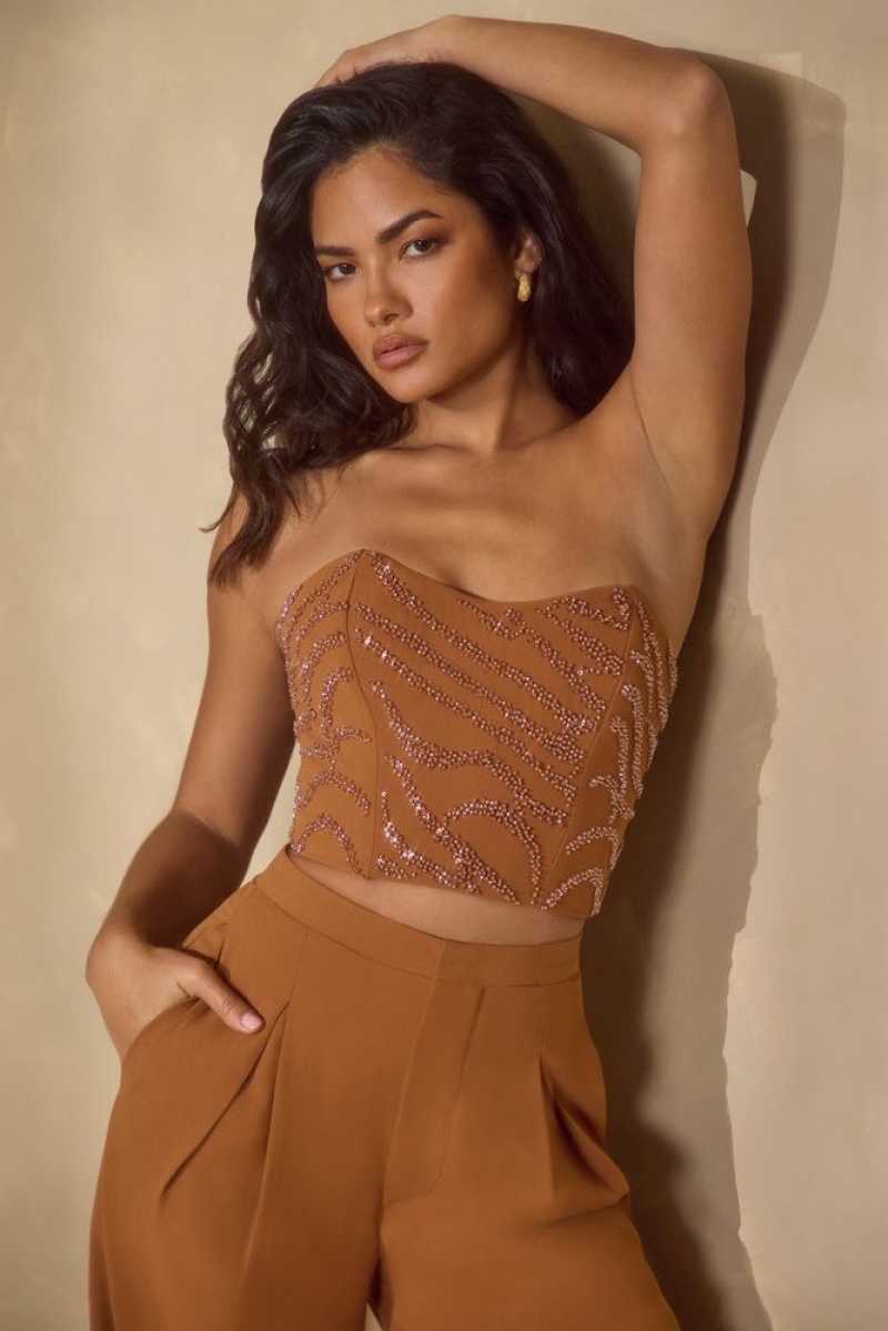 Caramel Oh Polly Mina Embellished Bandeau Corset Top | PJUO-73504