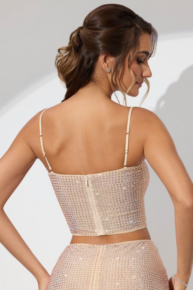 Champagne Oh Polly Nicia Embellished Strapless Crop Top | UPWF-14825