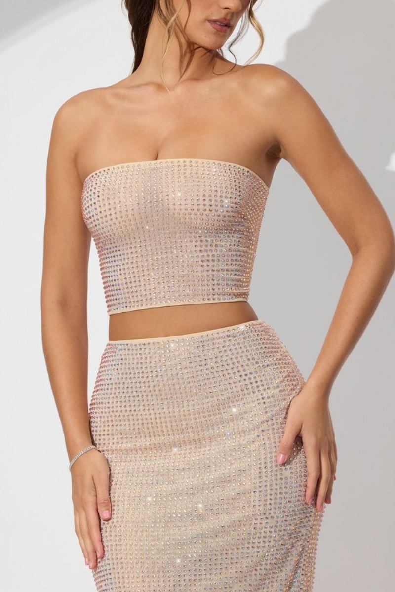 Champagne Oh Polly Nicia Embellished Strapless Crop Top | UPWF-14825