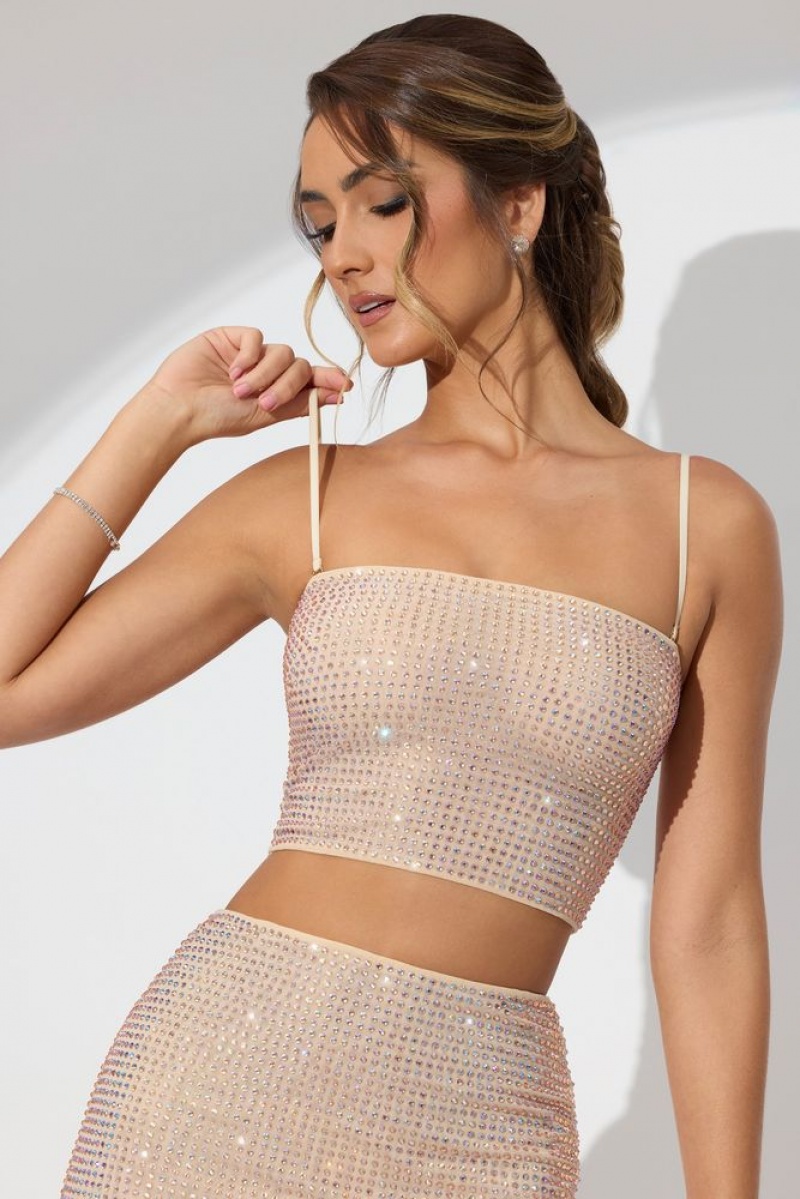 Champagne Oh Polly Nicia Embellished Strapless Crop Top | UPWF-14825