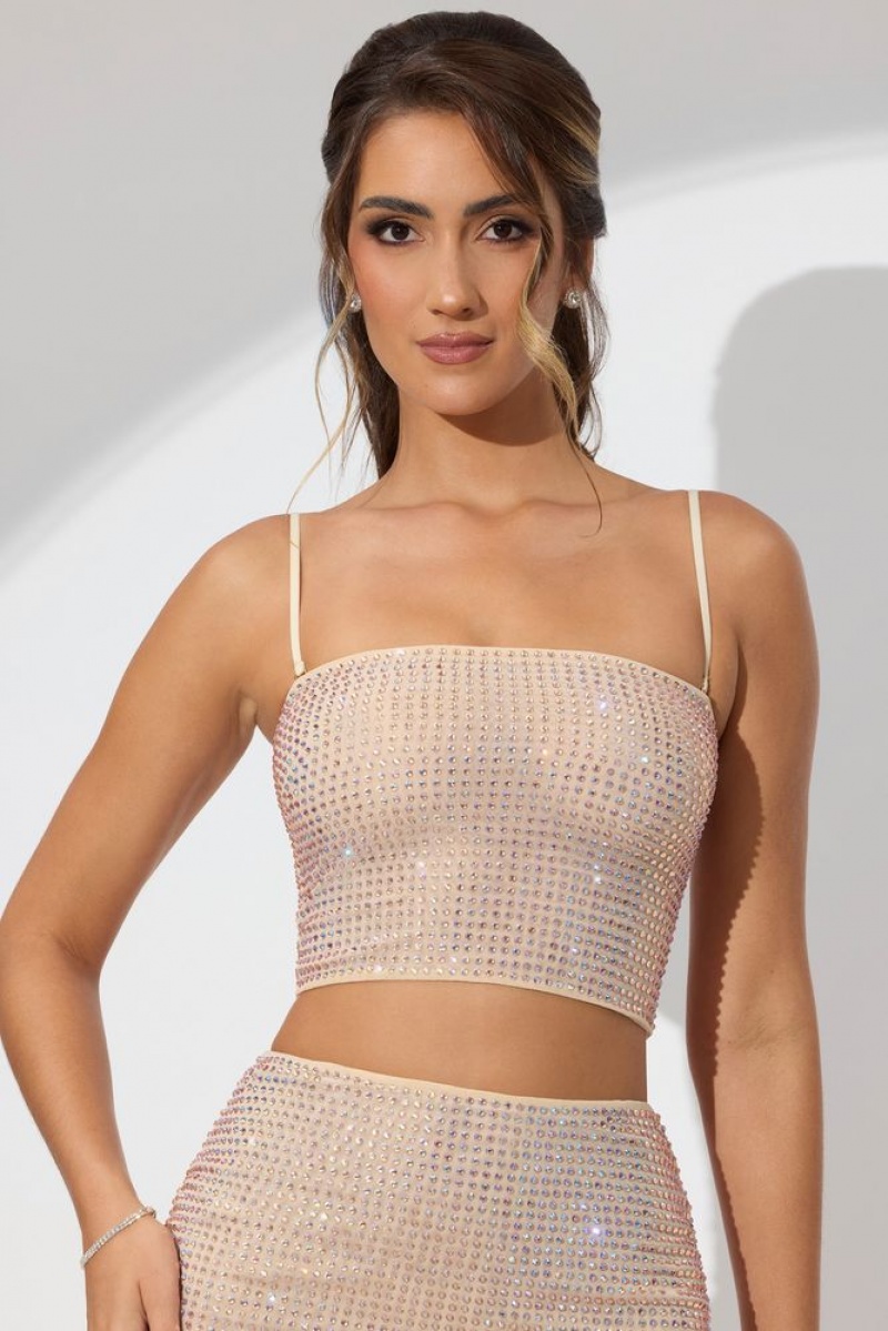 Champagne Oh Polly Nicia Embellished Strapless Crop Top | UPWF-14825