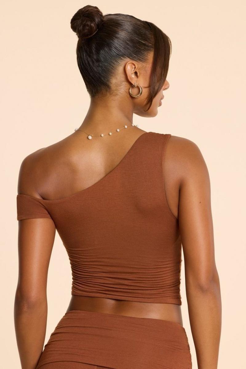 Chestnut Brown Oh Polly Lula Asymmetric Neck Ruched Modal Cashmere Blend Top | BAWL-04758