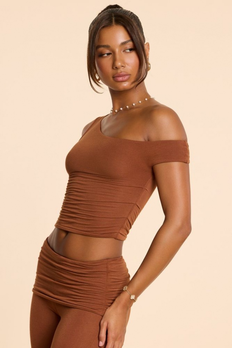 Chestnut Brown Oh Polly Lula Asymmetric Neck Ruched Modal Cashmere Blend Top | BAWL-04758