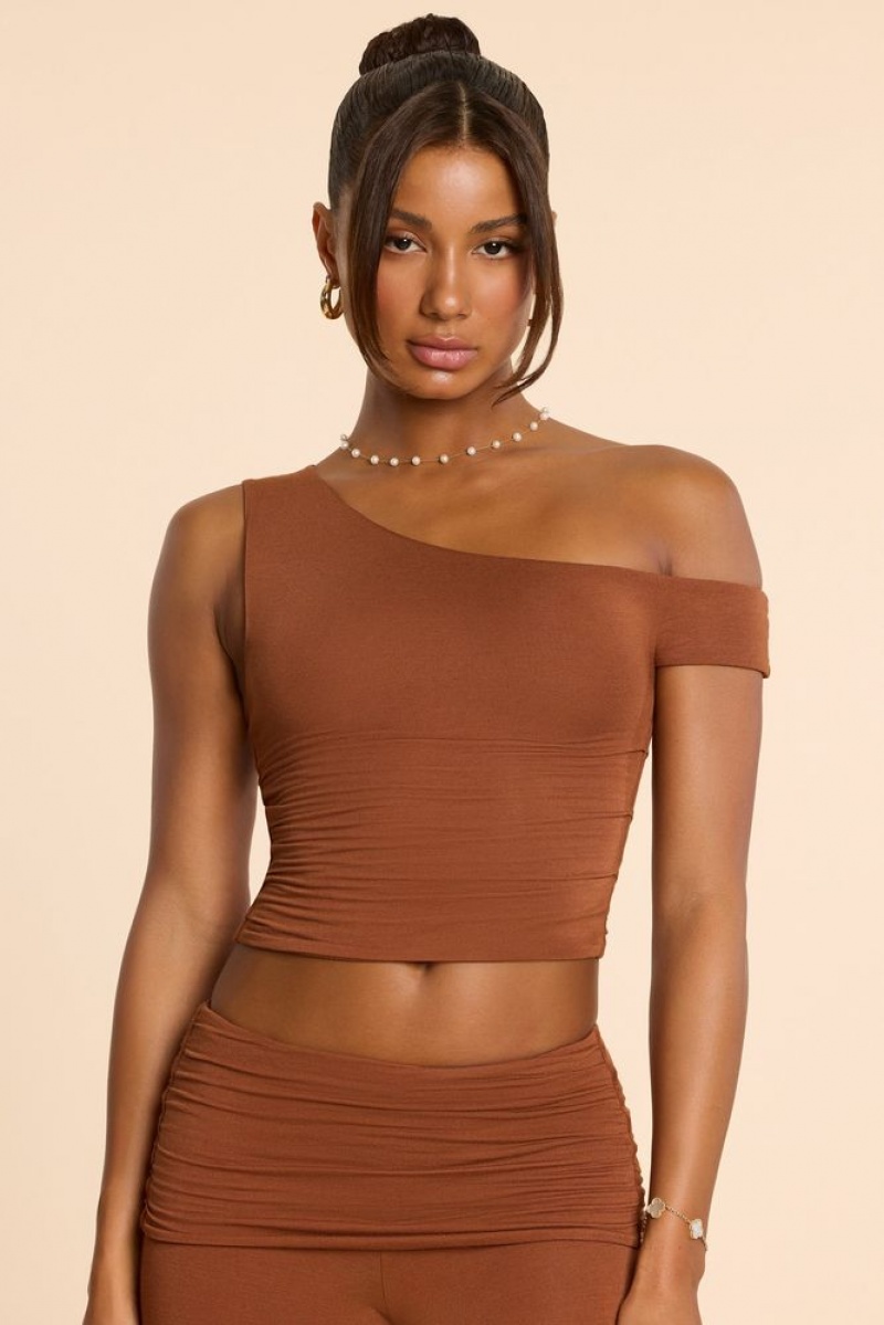 Chestnut Brown Oh Polly Lula Asymmetric Neck Ruched Modal Cashmere Blend Top | BAWL-04758