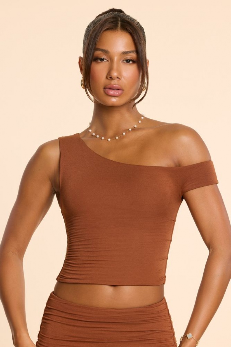 Chestnut Brown Oh Polly Lula Asymmetric Neck Ruched Modal Cashmere Blend Top | BAWL-04758