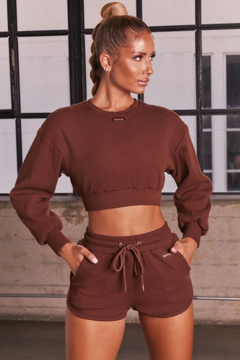 Chocolate Brown Oh Polly Loosen Up Ribbed Mini Shorts | XTKB-50241