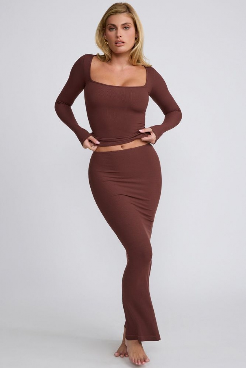 Chocolate Oh Polly Mona Ribbed Modal Mid Rise Maxi Skirt | EPRU-64753