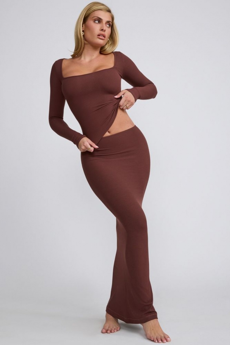 Chocolate Oh Polly Mona Ribbed Modal Mid Rise Maxi Skirt | EPRU-64753