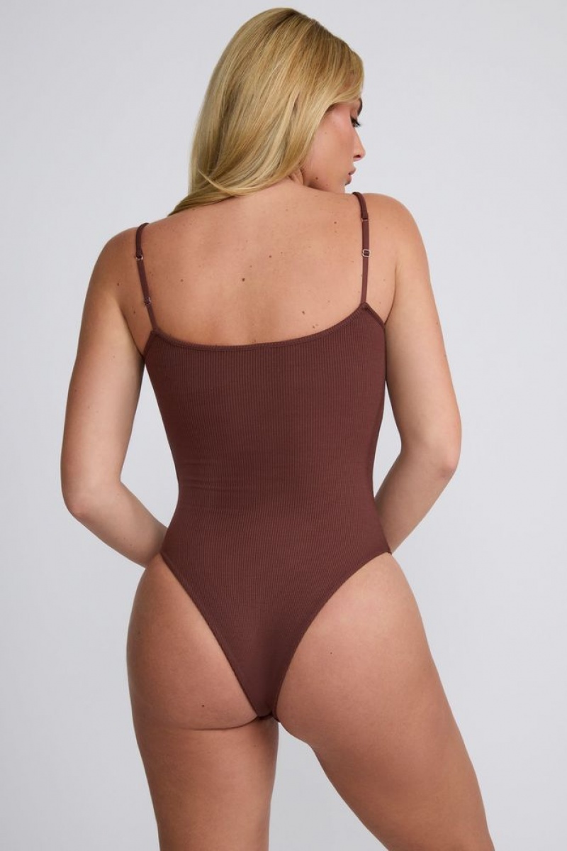 Chocolate Oh Polly Nadia Ribbed Modal Square Neck Bodysuit | ILTU-07685