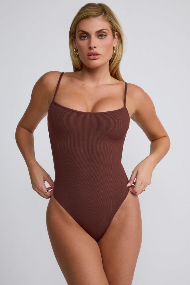 Chocolate Oh Polly Nadia Ribbed Modal Square Neck Bodysuit | ILTU-07685