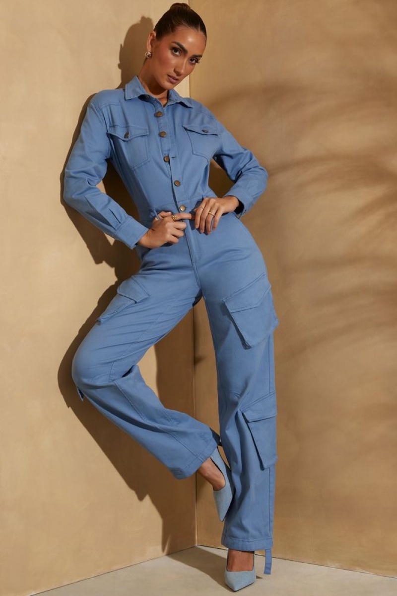 Dark Blue Oh Polly Blake Petite Wide Leg Long Sleeve Cargo Jumpsuit | WLYG-36170