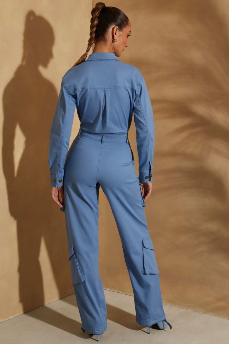 Dark Blue Oh Polly Blake Petite Wide Leg Long Sleeve Cargo Jumpsuit | WLYG-36170