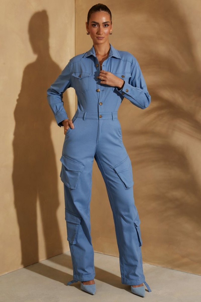 Dark Blue Oh Polly Blake Petite Wide Leg Long Sleeve Cargo Jumpsuit | WLYG-36170