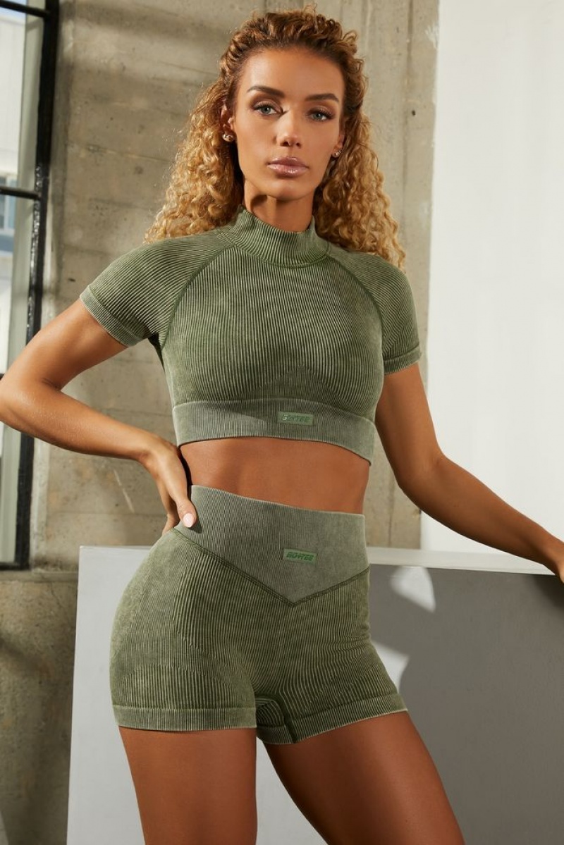 Dark Khaki Oh Polly Capable Seamless High Neck Cap Sleeve Crop Top | BOYD-65912