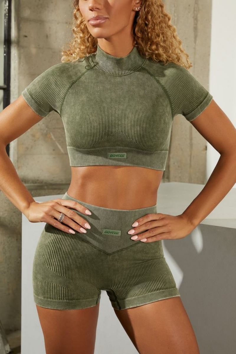 Dark Khaki Oh Polly Capable Seamless High Neck Cap Sleeve Crop Top | BOYD-65912