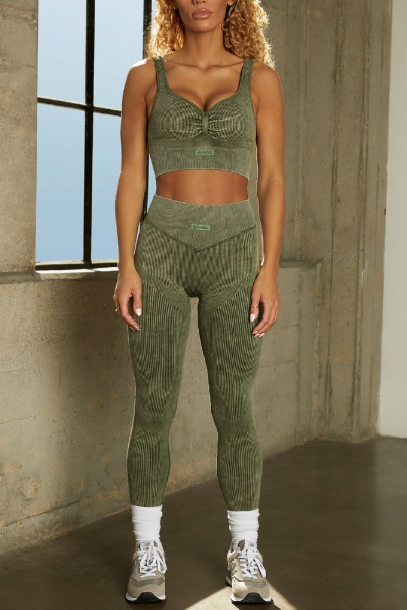 Dark Khaki Oh Polly Skill Seamless Sweetheart Neckline Ruched Bust Crop Top | FKUV-81093