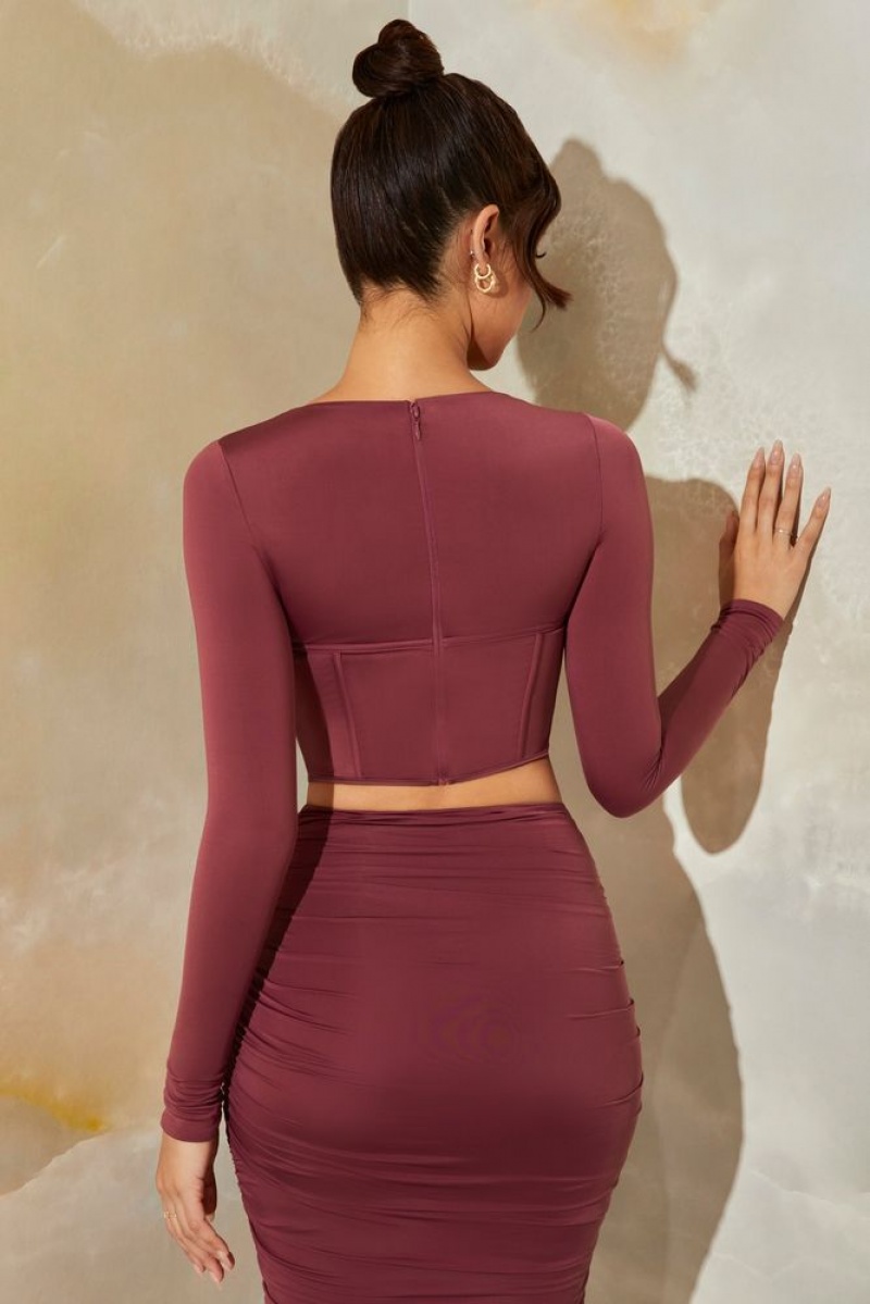 Dark Mauve Oh Polly Meera Long Sleeve Corset Crop Top | XIYF-53286