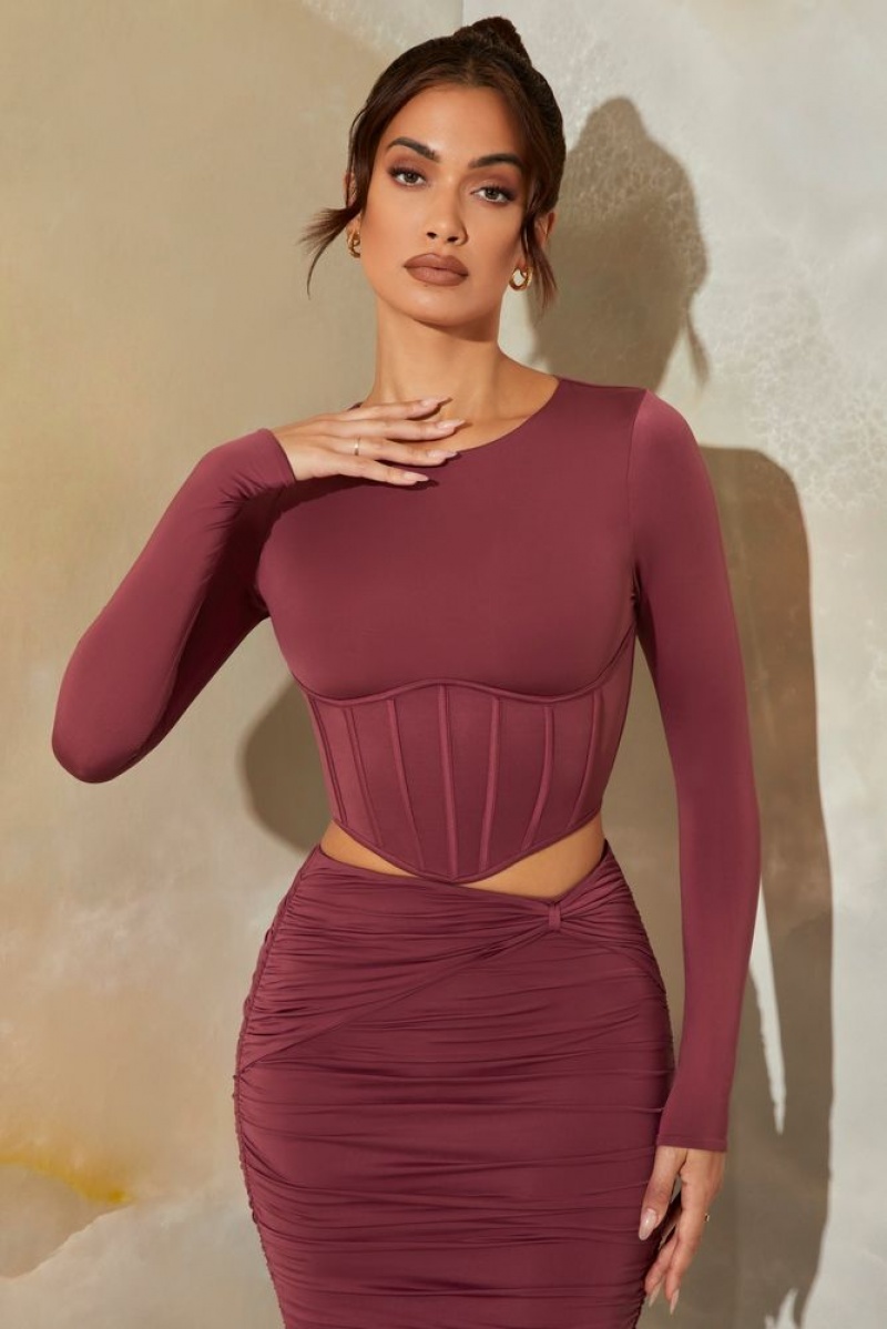 Dark Mauve Oh Polly Meera Long Sleeve Corset Crop Top | XIYF-53286