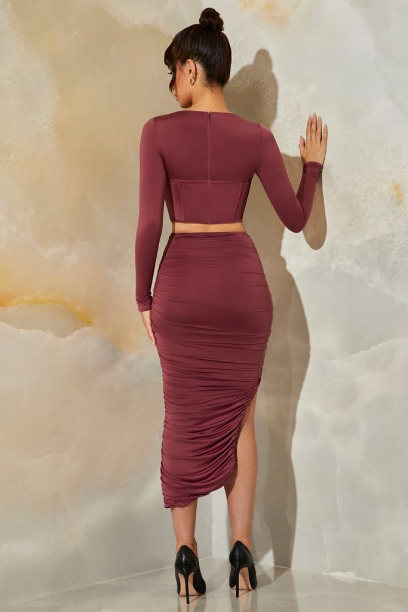 Dark Mauve Oh Polly Meera Long Sleeve Corset Crop Top | XIYF-53286