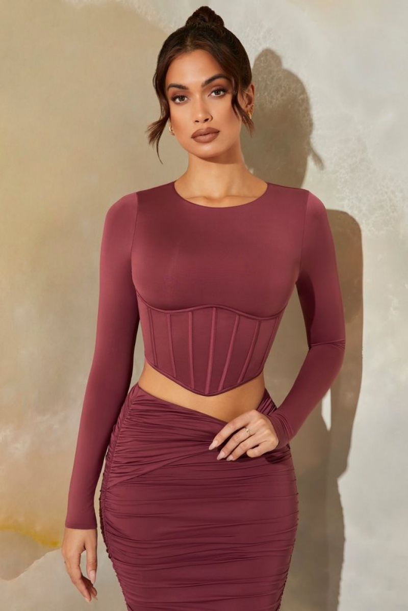 Dark Mauve Oh Polly Meera Long Sleeve Corset Crop Top | XIYF-53286